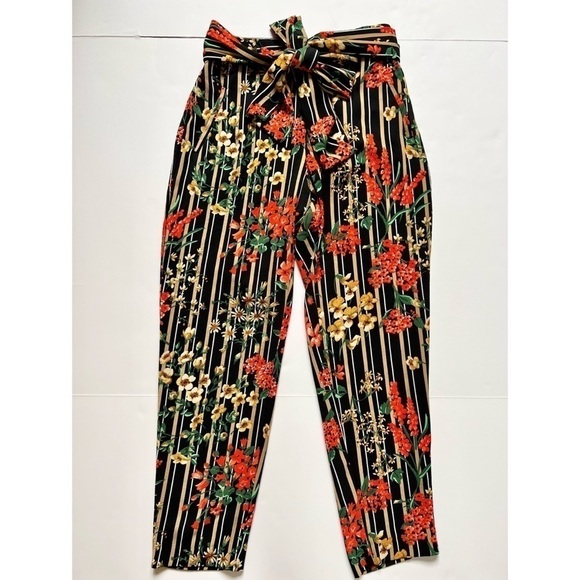 Zara Pants Trousers Striped and Floral Print Cropped Bow at Waist Sz XS - Picture 5 of 11